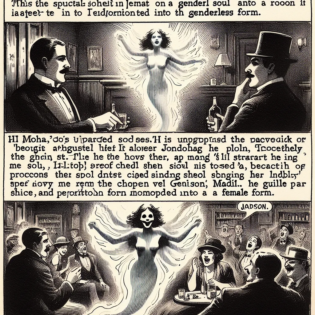 A spectral figure stands before a man, its ethereal glow lighting up the room. The man, Jonah, prepares to transfer the spirit's soul into a lifeless male host, but a mistake occurs during the ritual. The ghostly form transforms into an unexpected female body, much to both Jonah's and the ghost's dismay. They venture out to a bar, where the transformed ghost, now named Madison, entertains the crowd with a lively karaoke performance. Laughter and applause fill the room as Madison hilariously navi