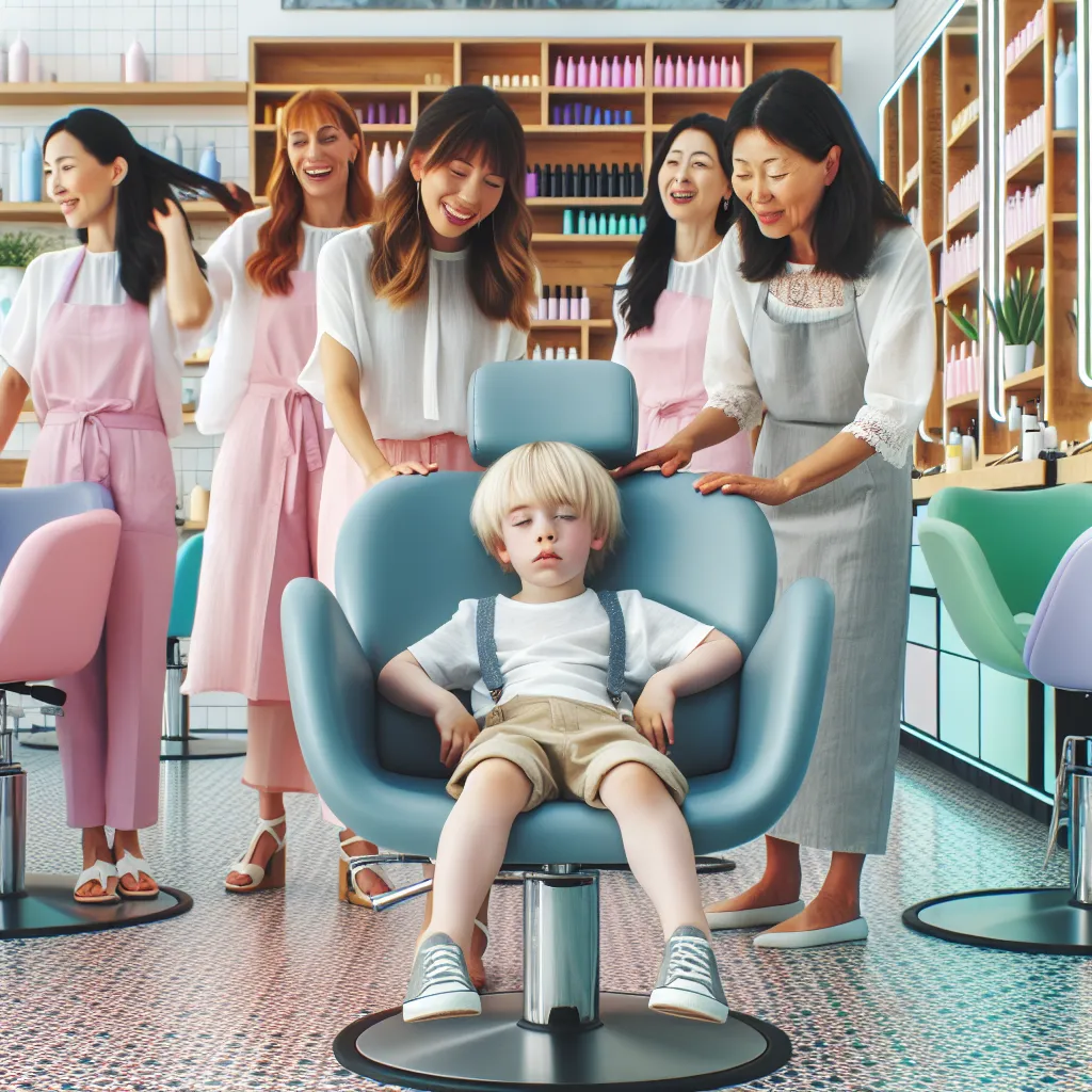 A 4-year-old boy named Ethan, with sandy blond hair, visits a hip hair salon with his mom and grandma. Inside, five Korean women work, each with unique hairstyles and pastel outfits. As Ethan falls asleep in a chair, he wakes up in one of the stylist's bodies, struggling to communicate in broken English and cut hair. Desperate to return to his own body, Ethan eventually snaps back, reuniting with his worried family. The salon resumes its bustling atmosphere as Ethan ponders the surreal experienc