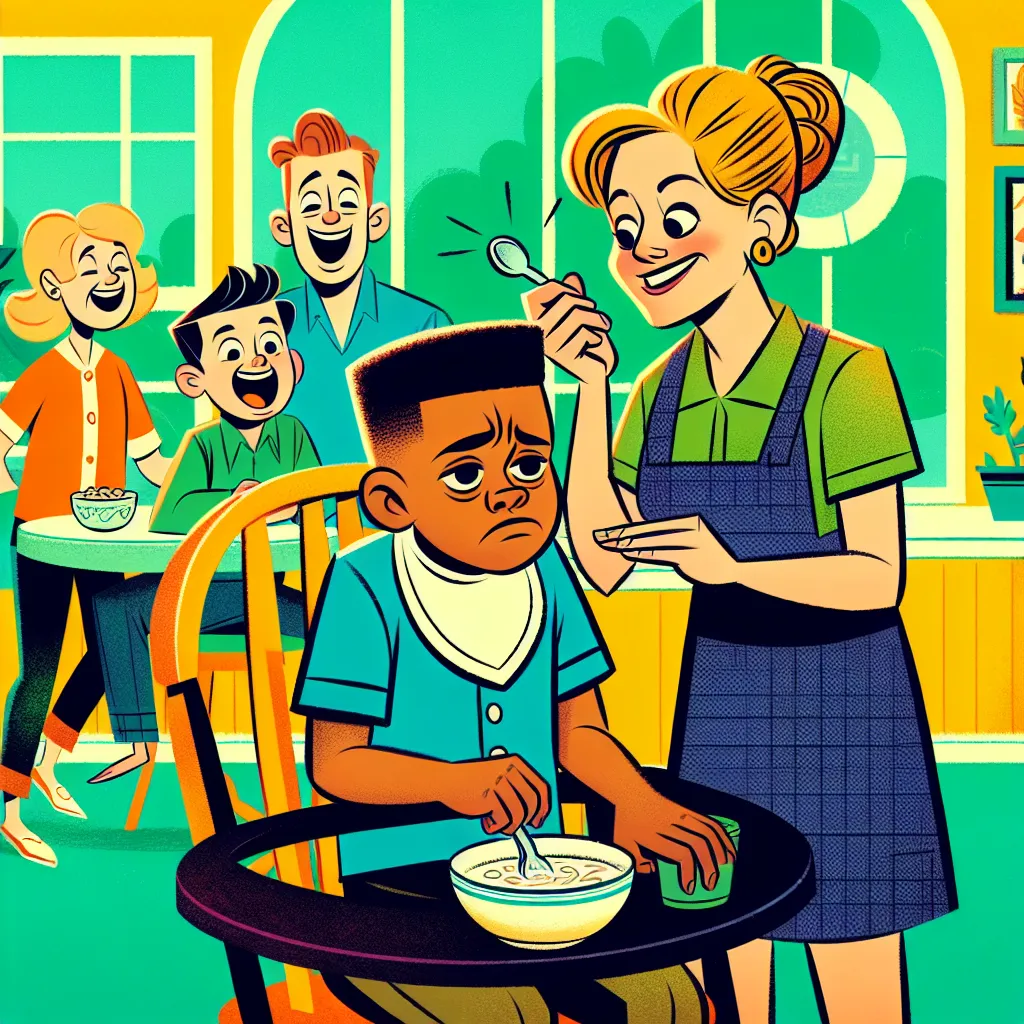 A cartoon image showing Bart Simpson looking disgruntled and embarrassed as Marge puts a bib on him and tries to feed him breakfast in a highchair with various characters from the Simpson family around.