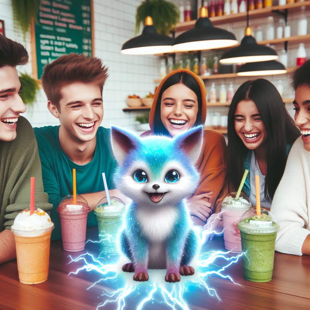 The image is a group of friends sitting together at a colorful smoothie shop, laughing and enjoying each other's company. One of the friends is a small, animated blue fox with sparks of electricity emanating from its paws.