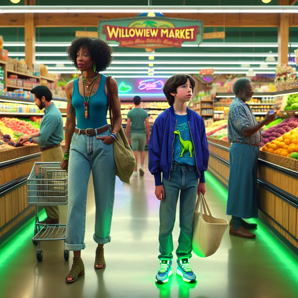 An image showing a ten-year-old boy, Owen, and his mother, Caroline, shopping at Willowview Market, set in a busy store aisle with colorful displays and other shoppers milling about. Owen is wearing a blue dinosaur graphic t-shirt, faded jeans, and neon green light-up sneakers, while Caroline is dressed in a teal tank top, mid-rise stonewashed jeans, and a long boho necklace, carrying a canvas shoulder bag. Their expressions convey a sense of normalcy and unawareness of the magical transformatio