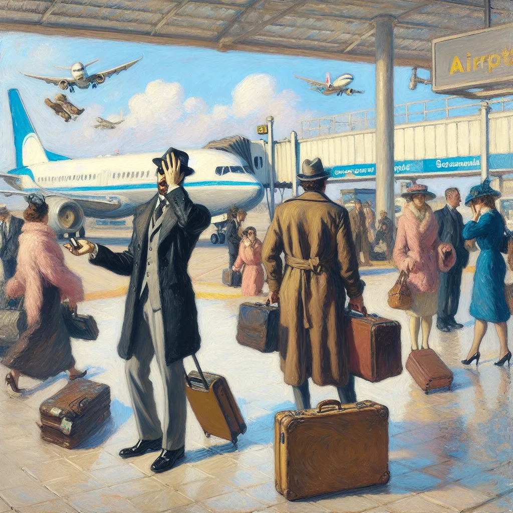 Airport, Confusion, Gender, Transformation, Humor in the style of Monet