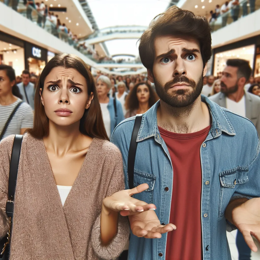 The image will depict two friends, one in female form and the other in male form, navigating a crowded mall with confusion and amusement on their faces.