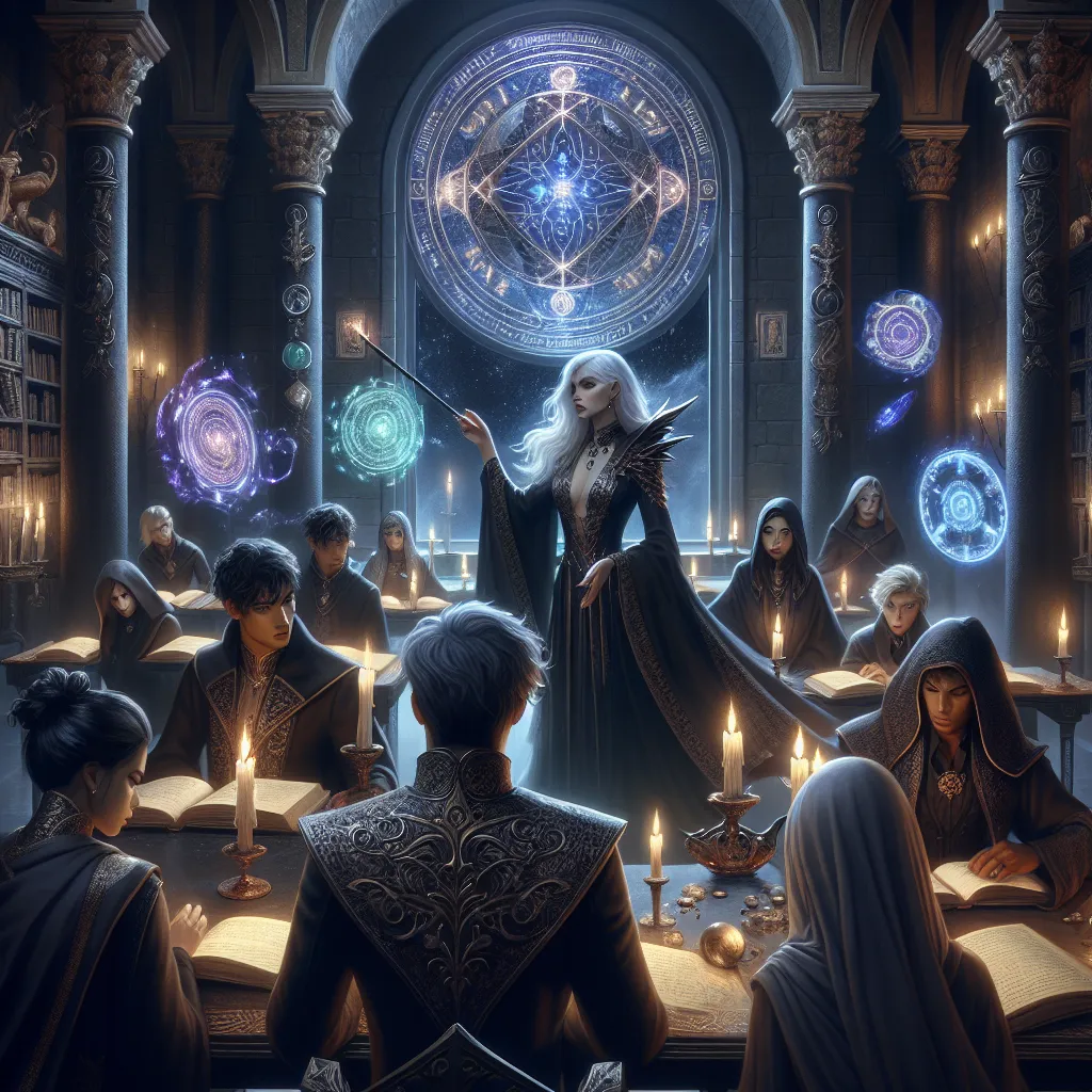 A fantasy scene set in the Strange Academy, where the powerful sorceress Magik leads a group of young students through a lesson on the Dimensions of Hell. As the day progresses, mysterious events unfold, leading to a compelling encounter with a curious, otherworldly mirror in the room of the enigmatic teacher, Wanda Maximoff. The image captures the tension and uncertainty as Magik is drawn to the mirror's dark allure, hinting at otherworldly secrets and hidden dangers.