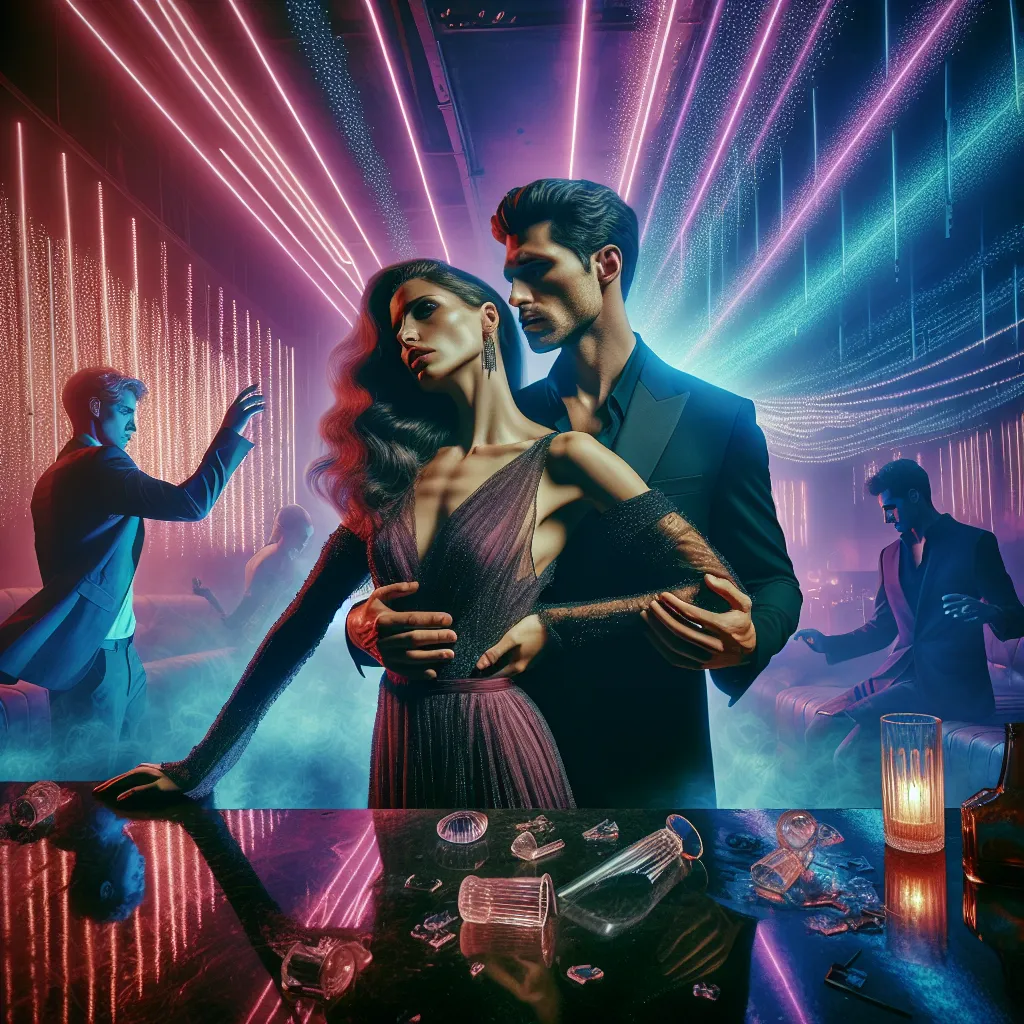 A dramatic scene unfolds in a pulsing neon-lit club as Madeline, the powerful owner, experiences a passionate encounter with a mysterious man. The image captures their intense embrace, capturing the conflicting emotions of desire, vulnerability, and hope against a backdrop of shattered glass and raw emotion.