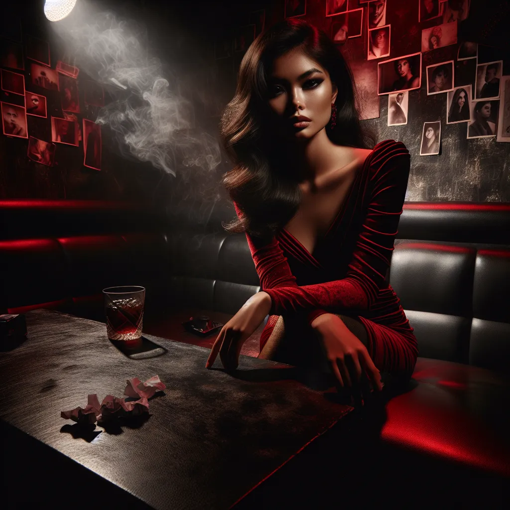 A mysterious and intense scene unfolds in a dimly lit nightclub booth as a young woman grapples with danger, desire, and the shadows of her past.