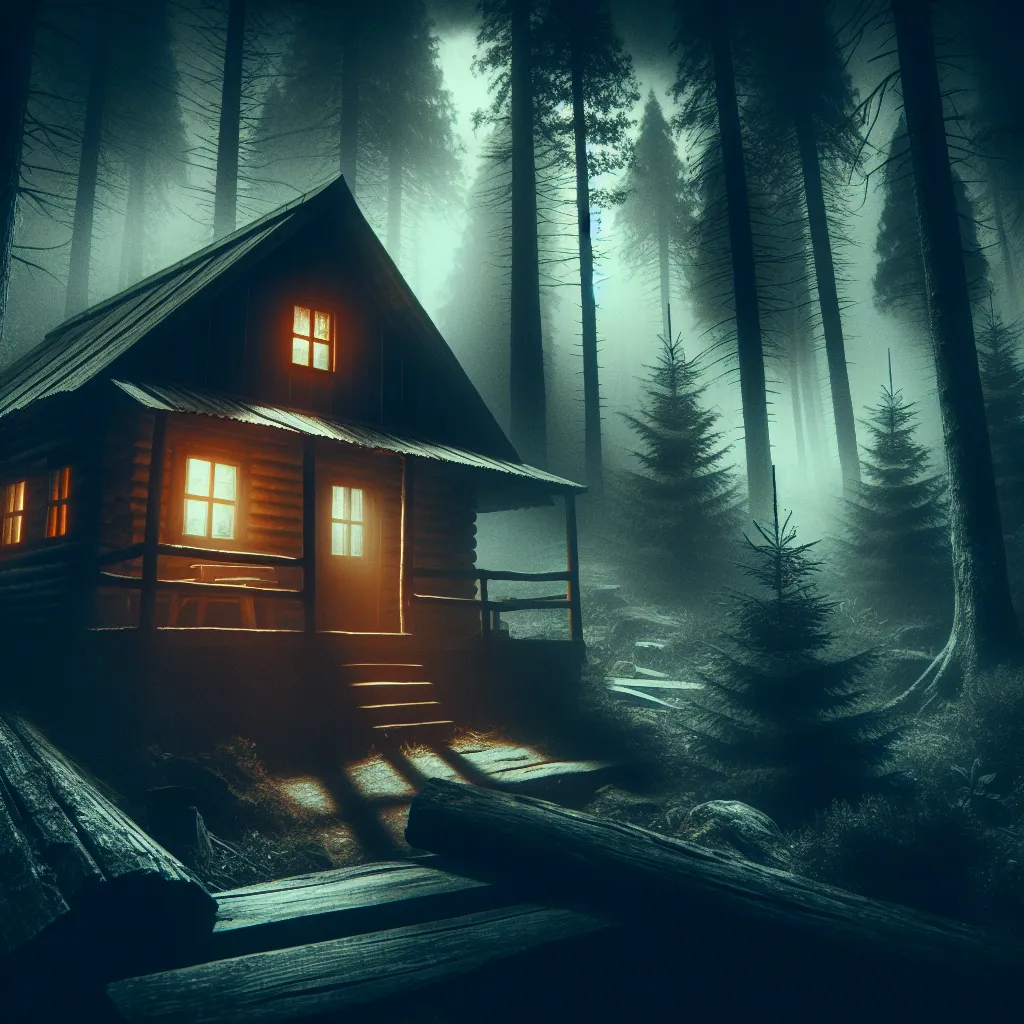 The image will feature a dimly lit rustic cabin nestled in the dense wilderness. Surrounding the cabin, shadows lurk, hinting at the presence of unknown horrors. The atmospheric lighting and menacing atmosphere convey a sense of foreboding and the imminent danger that awaits the characters in this horror story titled "Into the Abyss."