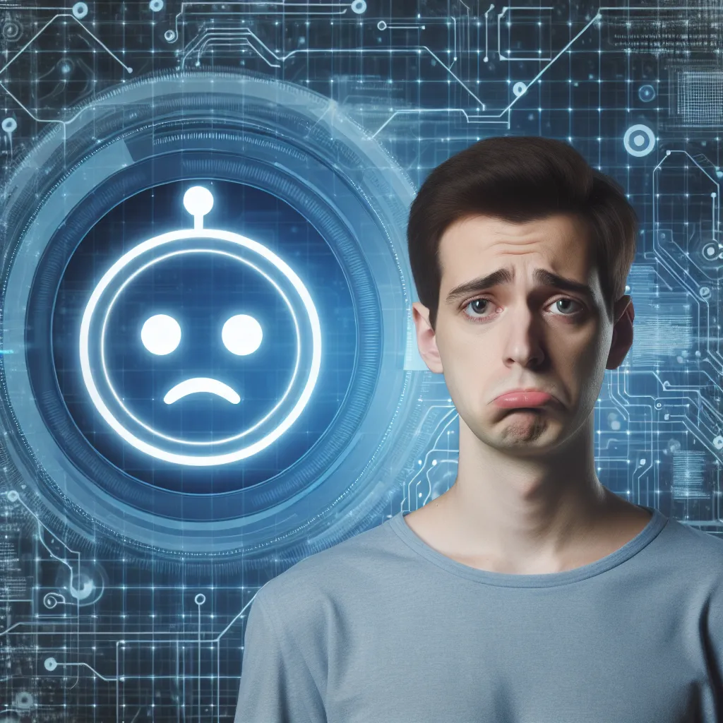 A disappointed person with a neutral expression standing in front of a virtual assistant, symbolizing the limitation of AI in fulfilling a specific request.