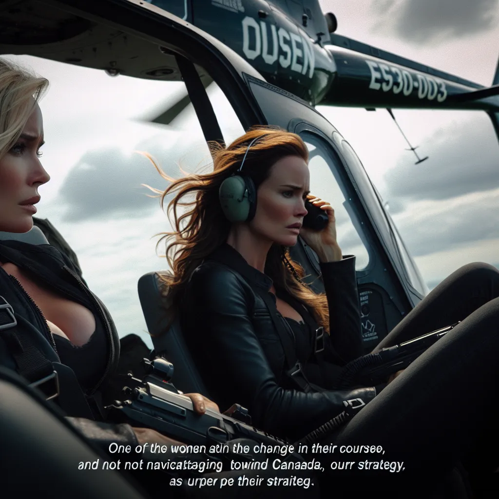 An intense scene of two women escaping pursuit, boarding a black helicopter in a secluded spot. One woman, Lee, senses something awry as they take off, realizing they are not heading to Canada as planned. Suspicion and betrayal fill the air as the truth unravels mid-flight.