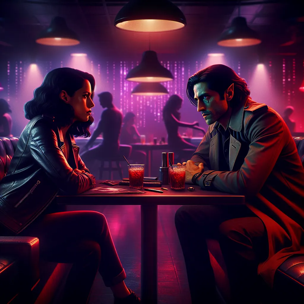 A scene set in a mysterious nightclub where Mia Savage strikes a risky deal with a weary elf named Ashar to help find her missing sister. The image will depict Mia and Ashar in a dimly lit booth, tense and negotiating over drinks, as their intertwined fates hang in the balance.