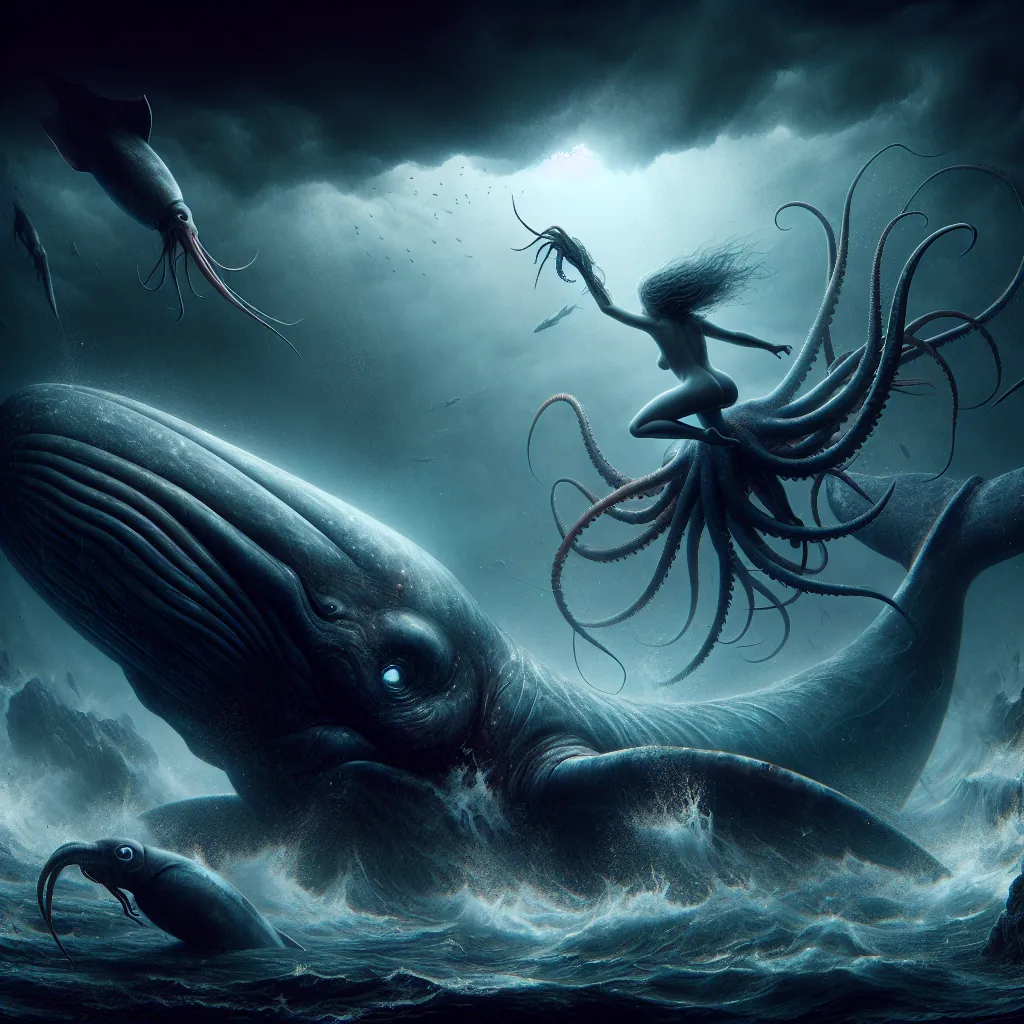 An image of Kriss-M715, a transformed human with the appearance of a female sperm whale, battling a giant squid in the dark depths of the ocean.