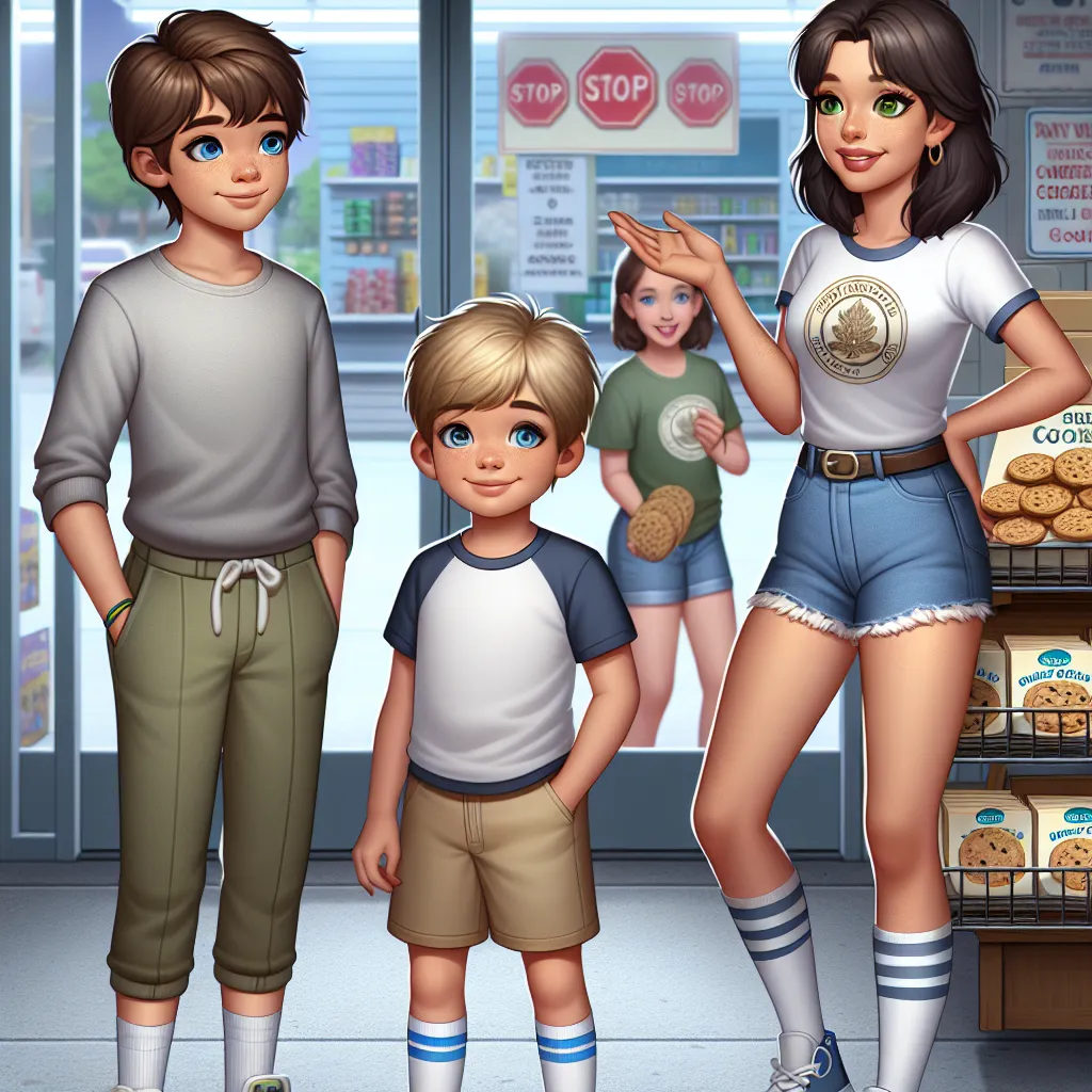 A 2D digital image featuring two characters, a young boy named Billy and his mother Linda, in front of a store. Billy, 8 years old with sandy blonde hair and blue eyes, is dressed in a casual t-shirt and shorts, while Linda, with dark brown hair and green eyes, is wearing ankle-cut shorts and a casual t-shirt. They are engaging in a friendly conversation with a teenage girl named Emily, who is wearing a Girl Scout uniform and offering Girl Scout cookies for sale. The background shows shelves fil