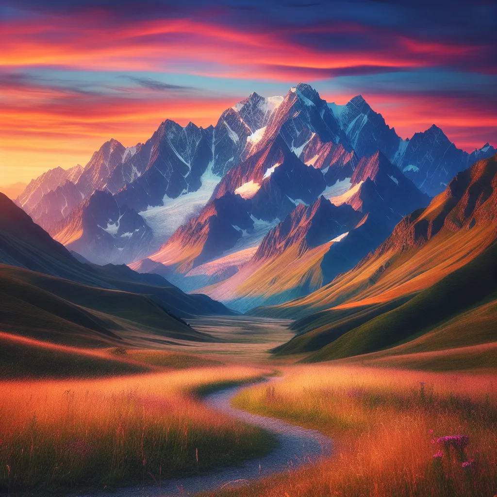 Image description: A majestic mountain range with snow-capped peaks standing tall against a vivid sunset sky. A winding path leads through a gentle meadow, inviting adventurers to explore its serene beauty.