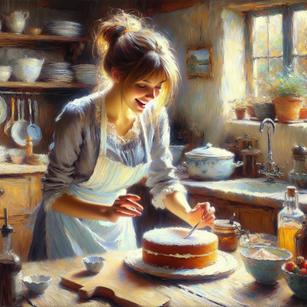 Certainly! Here's a new prompt for a positive story:

Prompt: Amelia's passion for baking had always been her escape from the stresses of everyday life. Describe how she discovers a secret ingredient that takes her cakes to a whole new level. in the style of Monet