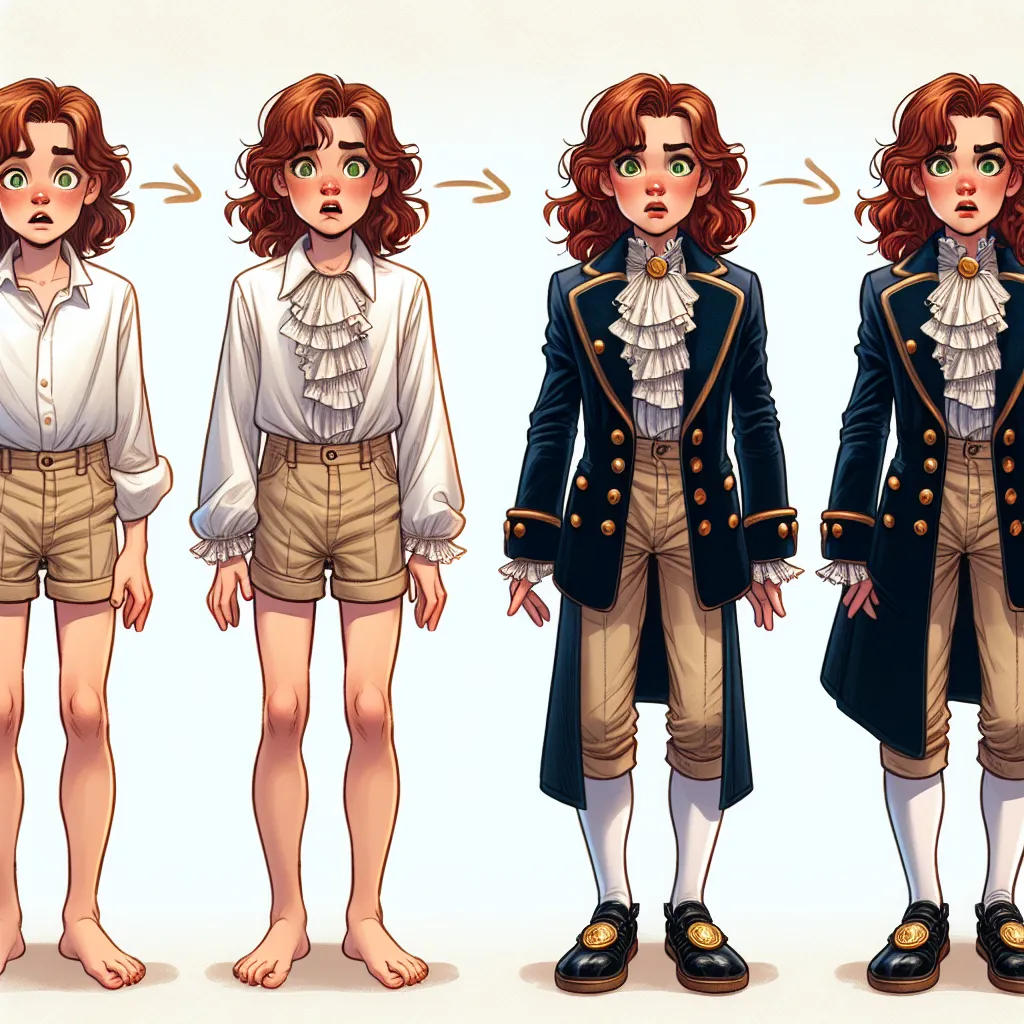DALLE, please generate an image to accompany this story. The image should depict a young boy transforming into an older woman. The woman should have long, curly red hair, green eyes, and be wearing a navy blue blazer with gold buttons, a white blouse with frilled edges, beige shorts, and black flip flops with a small golden emblem near the toes. The image should capture the moment of transformation, showing the boy changing into the woman and emphasizing the surprise, confusion, and concern on t