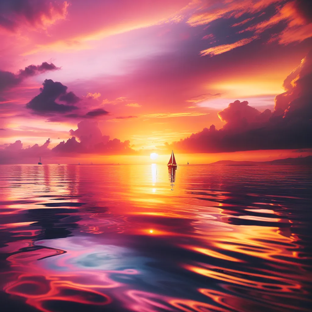 A breathtaking sunset over a calm ocean with vibrant hues of pink, gold, and purple reflecting on the water. A small sailboat can be seen in the distance, adding a sense of serenity and adventure to the scene.