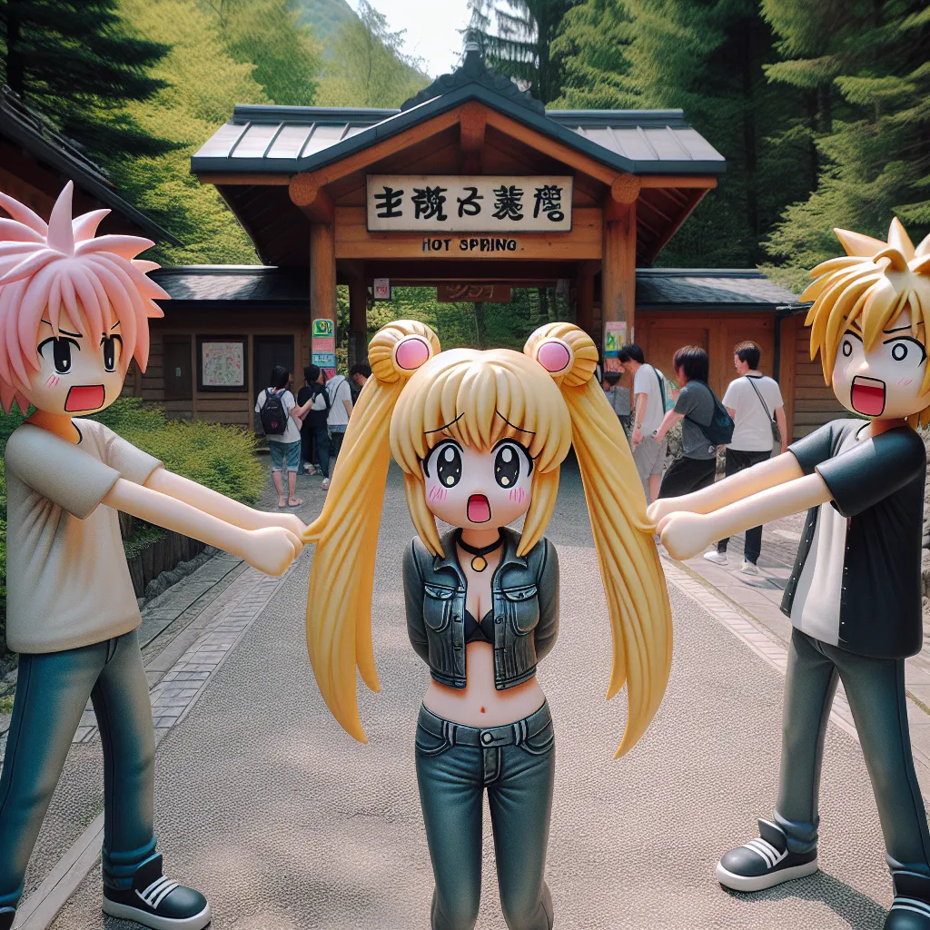 An image of Naruto, now transformed into a girl named Usagi, standing with Sakura and Ino in front of the entrance to the Konoha hot springs. They are laughing and dragging Usagi into the women's side of the hot springs, while Usagi's expression shows confusion and a hint of panic.