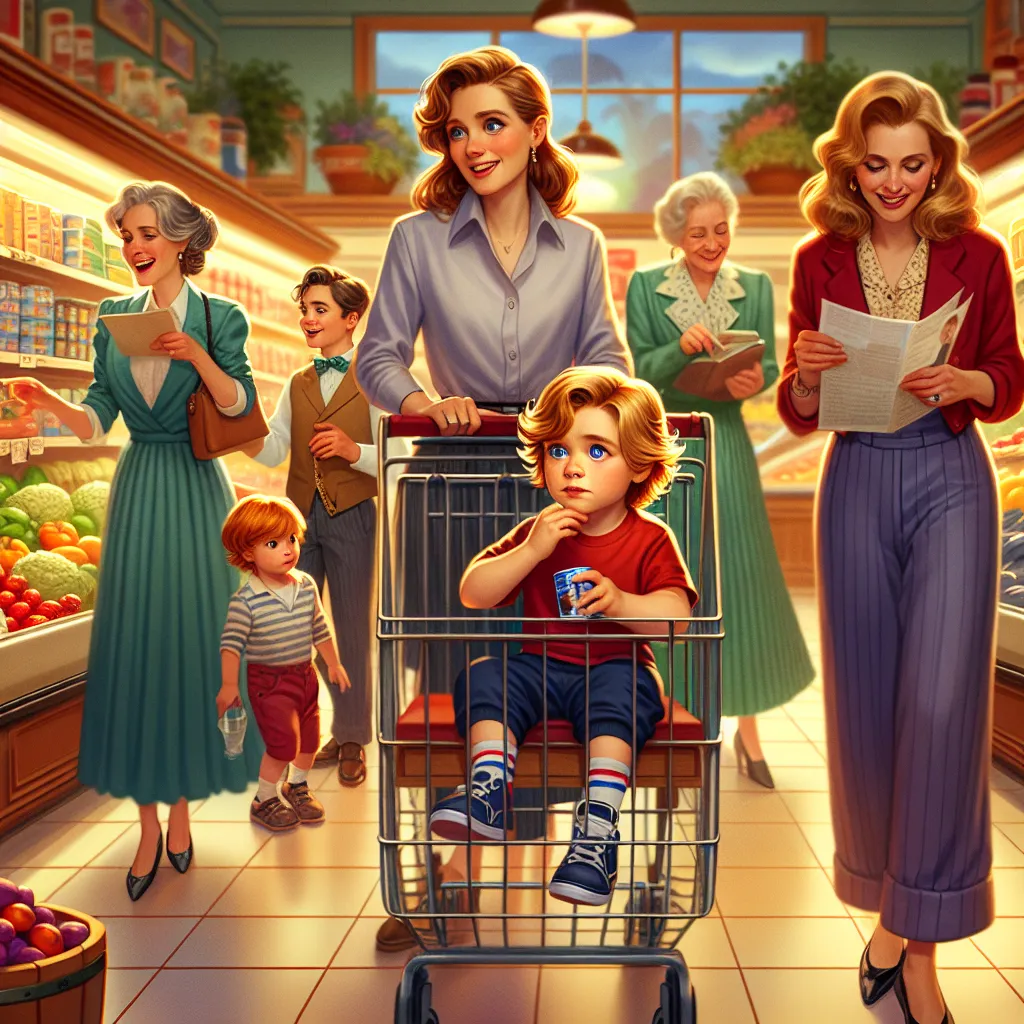 An image depicting a young boy named Nathan with his mother, Jessica, shopping at a grocery store. Nathan, a four-year-old with golden wheat hair and curious blue eyes, sits in a shopping cart wearing a red t-shirt and navy sweatpants. Jessica, a tall and slim woman in her late 20s, reads a shopping list while pushing the cart. Nearby, a group of five fashionable British women in colorful dresses chat and laugh as they pass by, one of them accidentally dropping a sapphire bracelet that captures 