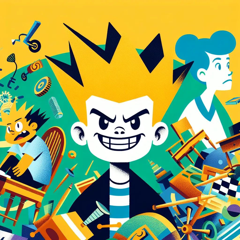 A mischievous Bart Simpson grinning defiantly, surrounded by chaos, with Marge and Lisa looking exasperated in the background.
