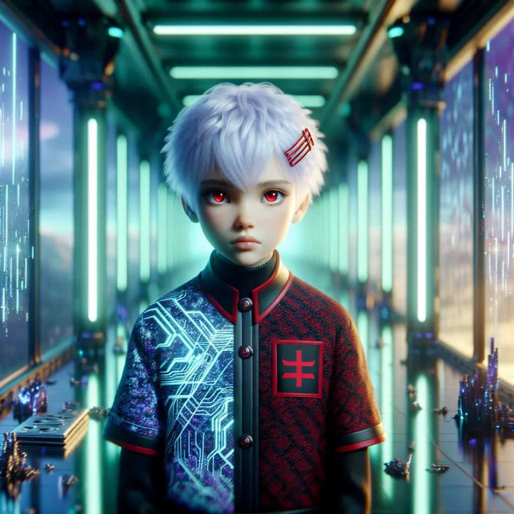 A pale, white-haired ten-year-old girl with vivid scarlet eyes and a sleek bixie haircut held by a red hair clip, dressed in a black and crimson blue-and-white inverted Lucky Girl outfit featuring a red cat logo; she stands in a futuristic, glowing corridor with cold greenish lighting, her expression a mix of defiance and sorrow, embodying a melancholic fusion of innocence and alienation amid scattered shattered tech pieces on the floor.
