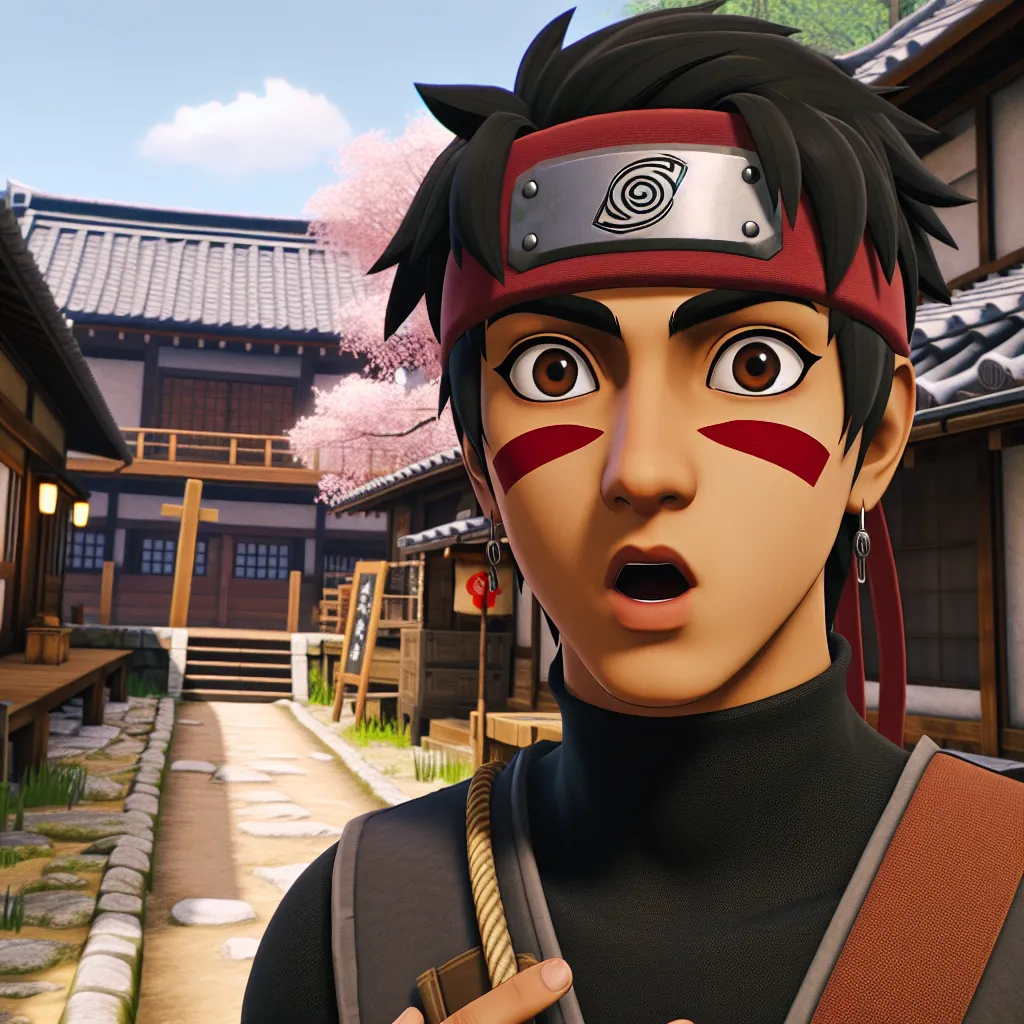 A person wearing a red headband with a metallic plate adorned with a symbol, standing in a ninja village with a surprised expression.