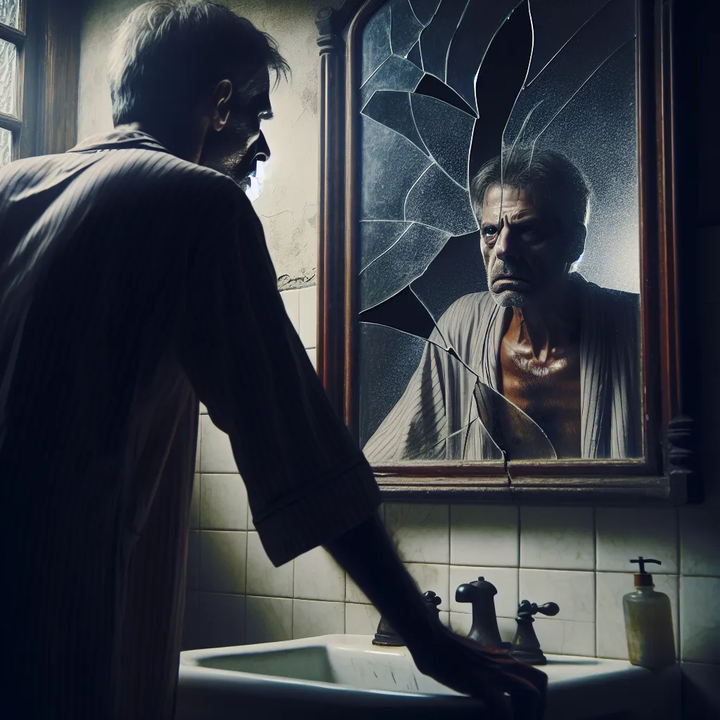 An image is generated in response to the story description: In the image, a dimly lit bathroom is shown with an old cracked mirror hanging on the wall. The reflection in the mirror shows a man with a grief-stricken expression, his eyes filled with determination and despair. The mirror hints at the theme of horror, while the man's posture suggests his desperation in the face of his battle with early onset dementia.