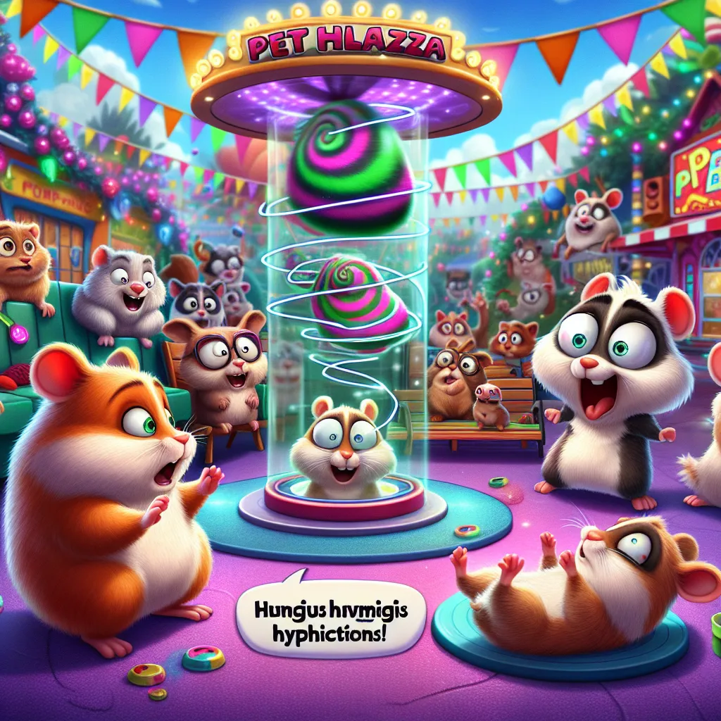A whimsical scene in Paw-Tucket's Pet Plaza as Trip Hamston, a prank-loving hamster, plays hilarious hypnotic tricks on his friends, resulting in chaos and laughter. Featuring Roxie frozen mid-fetch, Jade transformed into a dog, Bev and Edie swapping personalities, and Quincy turned into a fearless explorer. The pets team up to outsmart Trip, turning the tables on him with a hypnotic prank of their own, restoring order and ending the day in laughter and friendship.