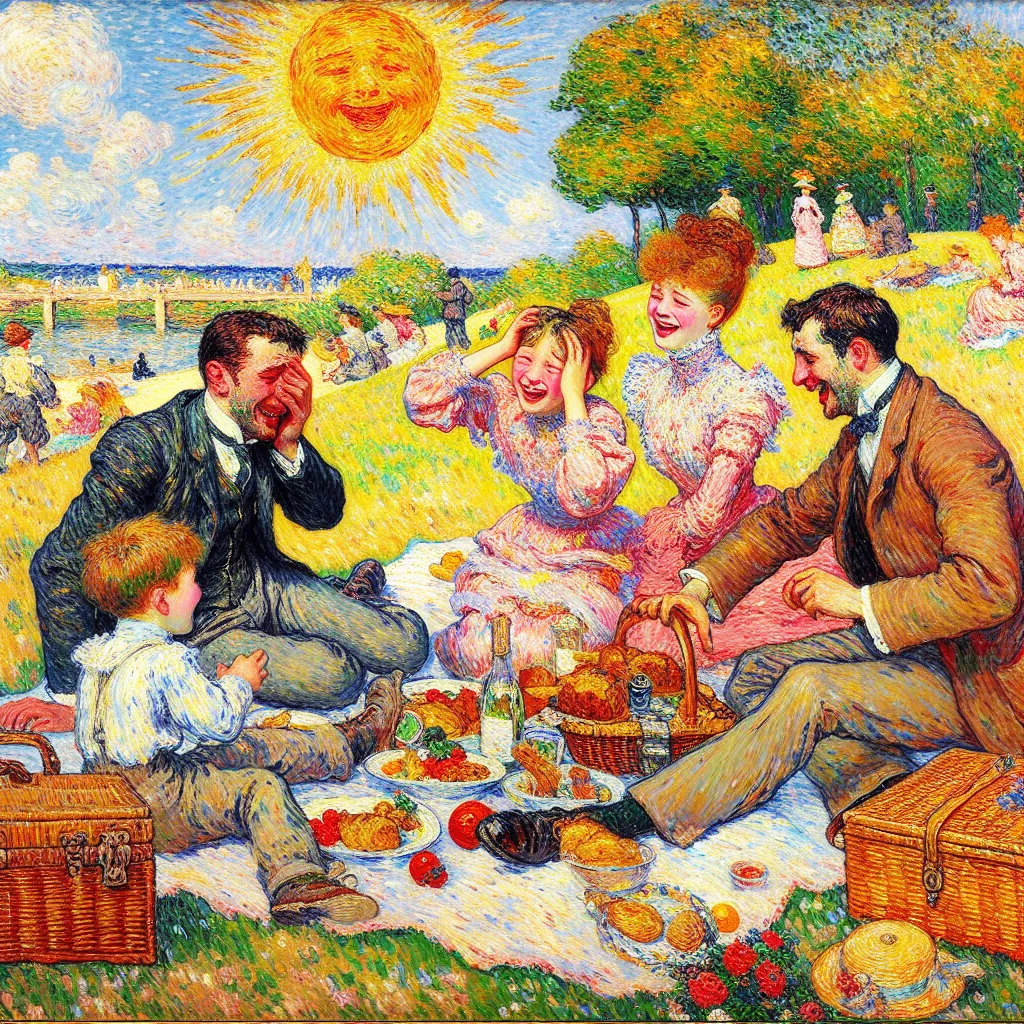 Sun, Laughter, Family, Picnic, Embarrassment in the style of Monet