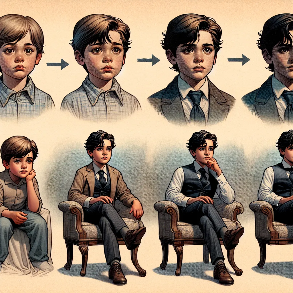 Image of a young boy, Henry, being transformed into a sophisticated woman named Marlene. Henry struggles as Marlene's features gradually overwrite his own, changing from his childish appearance to a mature, elegant one - detailed descriptions of each change occurring throughout his body, including his hair, face, body, nails, and attire. Henry/Marlene navigates the transformation with disbelief and panic, ultimately fully embodying Marlene's persona, evident in the final image of Marlene reclini