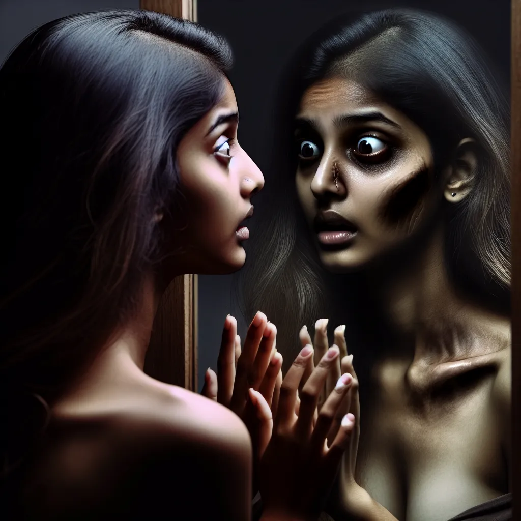 The image accompanying this story is of a young woman standing in front of a mirror, her reflection showing a dissonant transformation. Her once familiar appearance has changed drastically, with her features becoming more delicate and feminine. The horror and confusion in her eyes reflect the unsettling experience of losing her identity and being trapped in an altered reality.