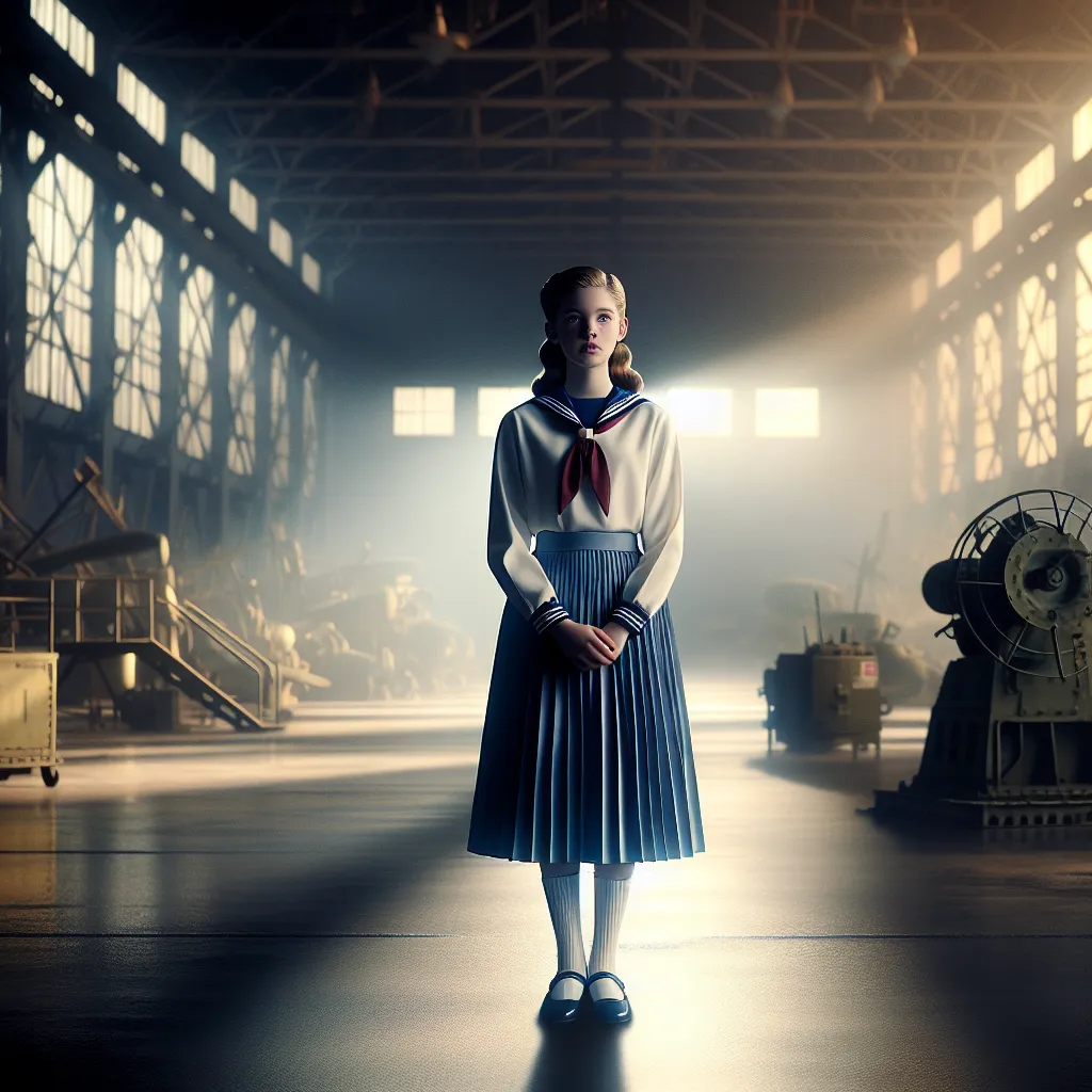 An atmospheric portrait of a teenage witch in a 1940s-style white sailor uniform with a blue pleated skirt, standing alone in a dimly lit military airbase hangar. Her expression is a mix of fear, confusion, and quiet torment as she clutches her pregnant belly marked with glowing magical runes. Soft light filters through industrial windows, casting long shadows that hint at an unseen, haunting presence. The scene conveys a psychological and emotional struggle layered within a surreal, wartime fan