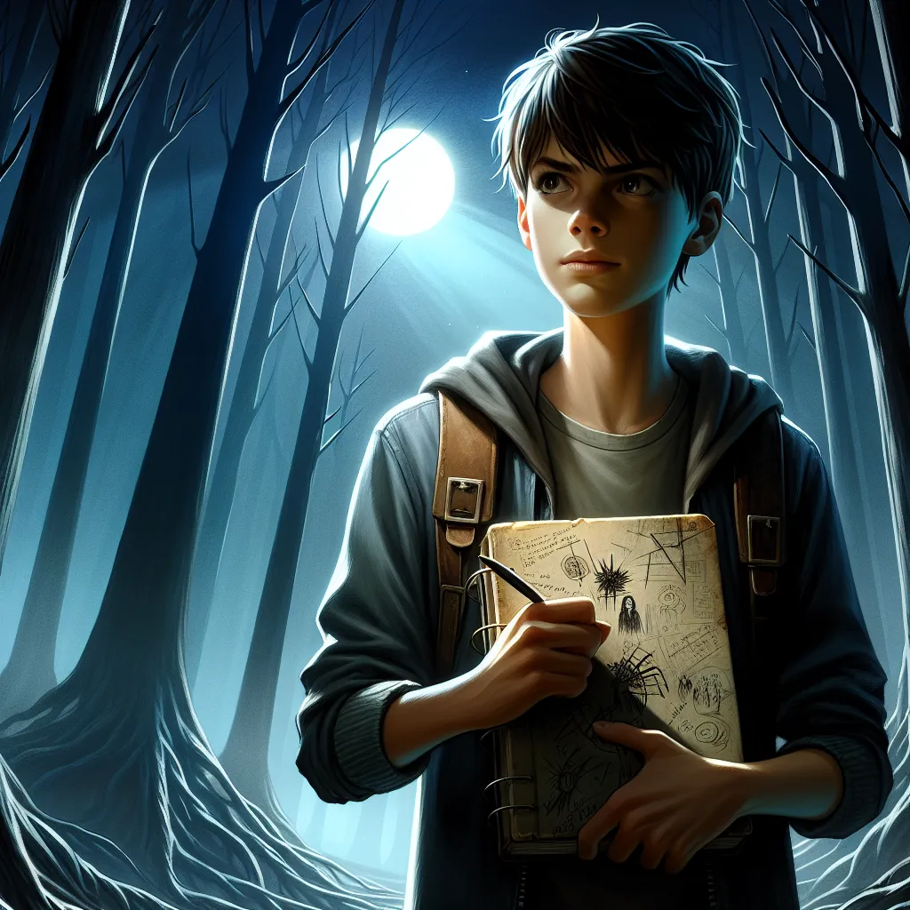 Title: "The Unraveling Shadows: A Young Adult Adventure of Hope and Redemption"

Description: In the image, we see a teenage protagonist standing at the edge of a dark forest, bathed in a soft moonlight. They have a determined expression on their face, gripping a worn journal filled with sketches and notes. Behind them, shadows loom, hinting at the mysteries and challenges they will face on their journey. The image captures the essence of an exciting and inspiring young adult adventure, encapsul