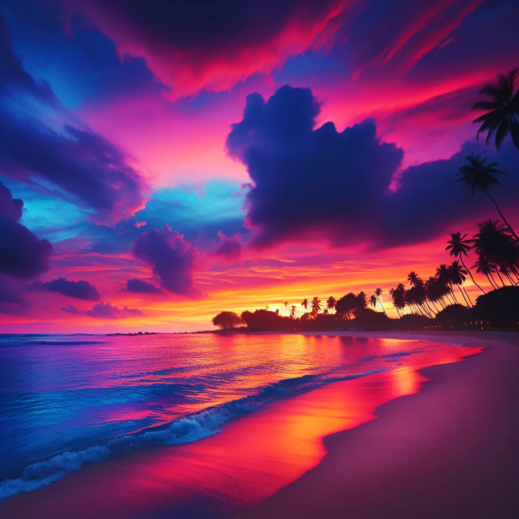 A vibrant sunset over a calm, serene beach with palm trees swaying in the distance.