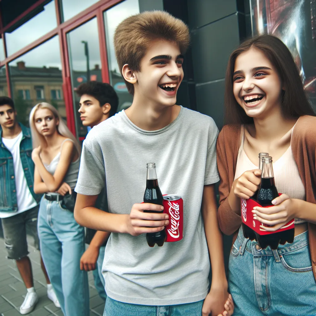 An image of two teenagers, one in a male body and the other in a female body, standing outside an arcade. They are laughing and enjoying each other's company, one of them holding a six-pack of beer, while people passing by give them curious glances.