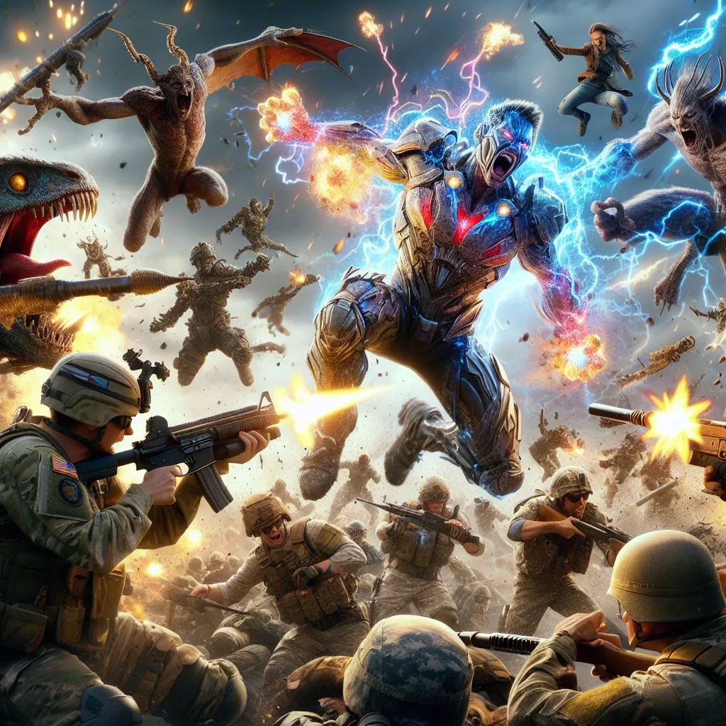 A chaotic battle scene featuring Master Chief, UNSC Marines, and demons from Helluva Boss in a teen-friendly, gory crossover. Plasma bolts, shotguns, and grenades are flying as the Marines fight off the demonic onslaught.