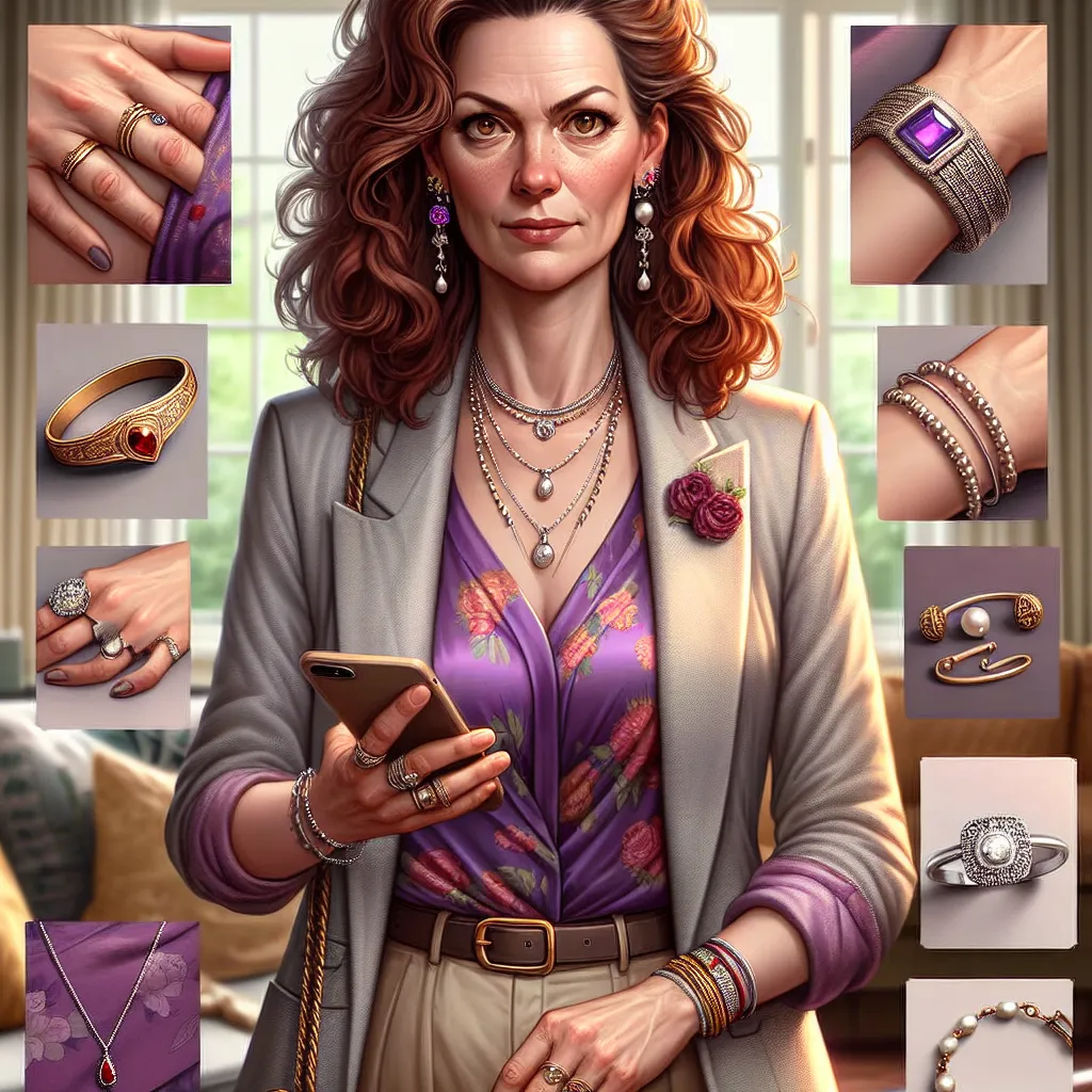 The image will feature a middle-aged woman with long, curly auburn hair, hazel eyes, and a matured face. She will be wearing a light gray blazer with elegant lapels and a purple blouse with a floral pattern. She will have six pieces of jewelry, including a gold wedding ring, a silver bracelet, pearl earrings, a ruby brooch, a gold chain necklace with a small pendant, and an anklet with tiny bells. She will be wearing knee-length beige shorts and simple black flip-flops with a small floral design