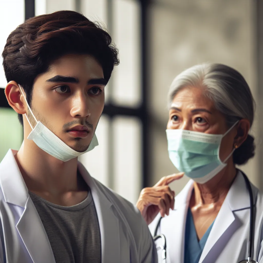 Description: The image depicts two characters, Ren and Tae, standing face to face in a brightly lit clinic. Ren, a young man, wears a lab coat and a look of confusion, while Tae, a woman, looks worried as she examines Ren's face.