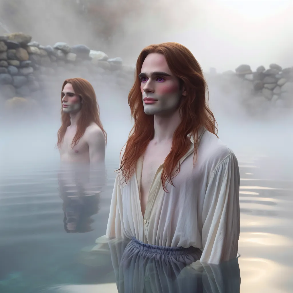 Description: The image depicts a young woman named Naruko standing alone in a mist-covered hot spring. Her appearance is a mix of her former self as Naruto and her new identity as Naruko, with long red hair cascading down her back and violet eyes shimmering with a sense of desperation. She wears flowing skirts and airy blouses, the magic of her transformation embedded in the fabric of reality. The image captures the eerie atmosphere of the hot springs and reflects the haunting nature of Naruko's