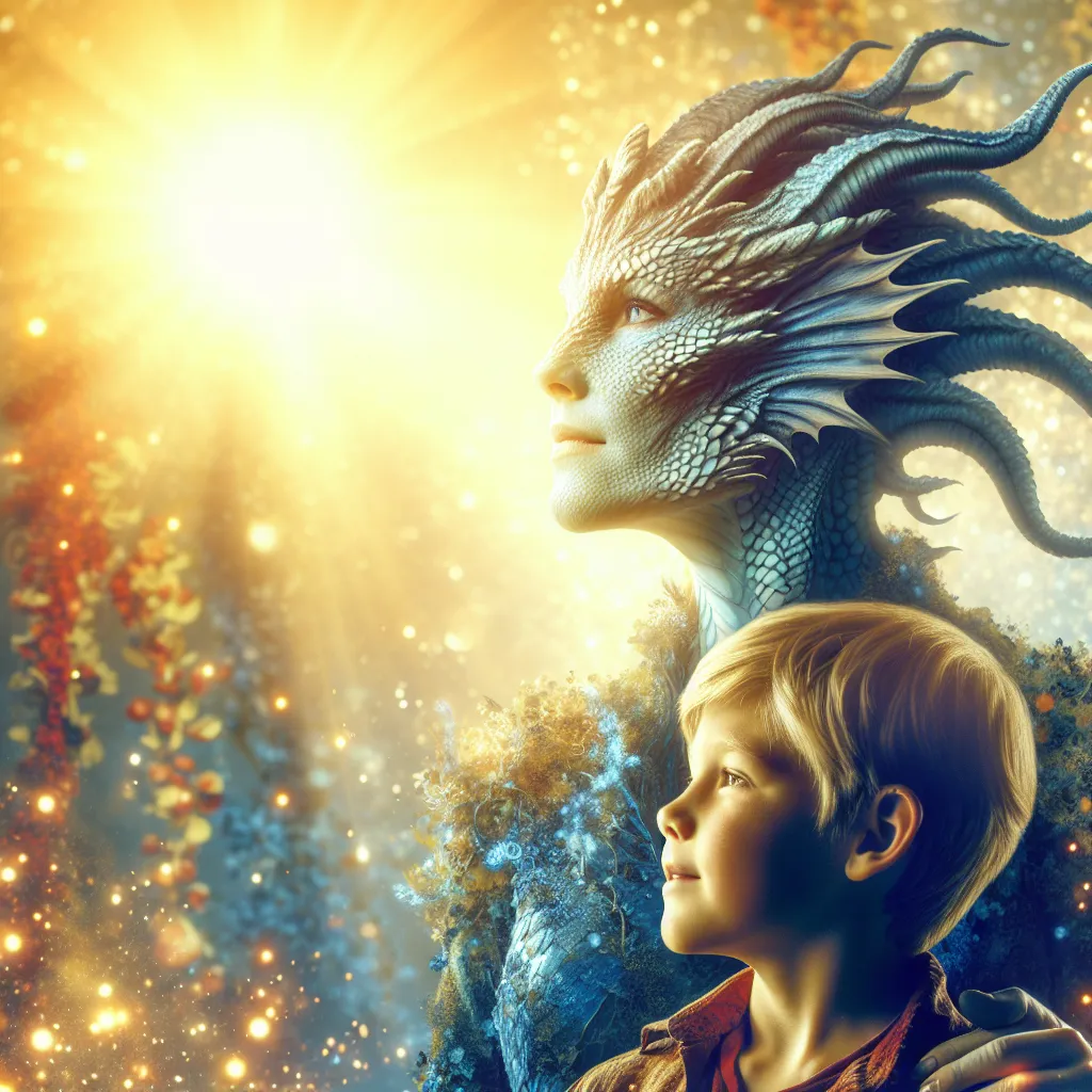 A mother and her son undergo a transformative metamorphosis into dragon beings. The image depicts the mother and son in mid-transformation, as scales begin to form underneath their human skin. They are surrounded by sunlight, emphasizing the magical nature of their change.