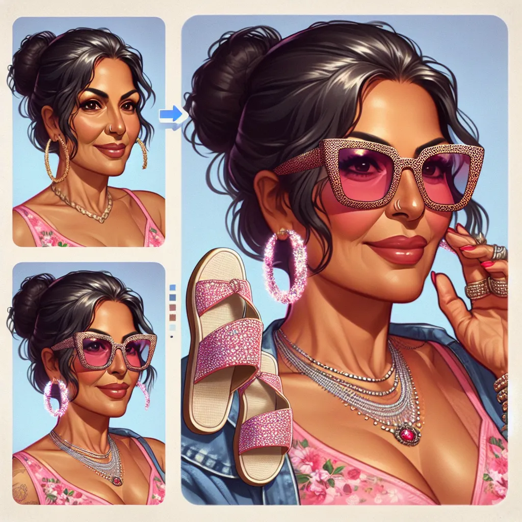 A generated image could feature a woman in her 60s named Lucia, with dark hair in a bun, wearing a pink tank top with floral patterns and denim shorts. She is wearing feminine flip flops adorned with glittering beads and oversized sunglasses with leopard print frames. She is also wearing hoop earrings, a wedding ring, a gold bracelet, a silver necklace, and a ring with a large ruby stone. The image could include a vivid and colorful representation of Lucia's transformation, reflecting her new ap