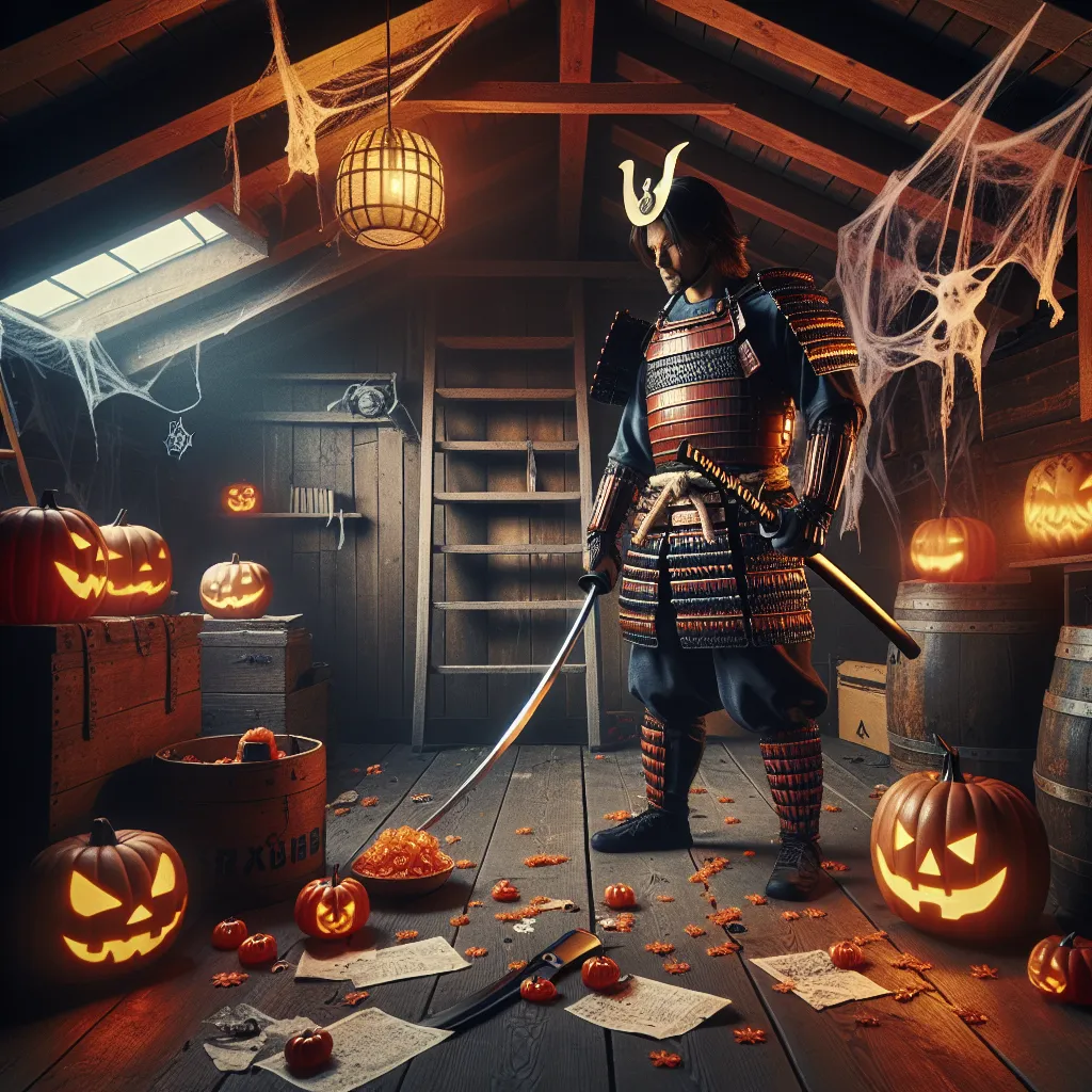 An image of a young boy named Oliver, transformed into a real samurai in an attic setting filled with Halloween decorations. He wears authentic samurai armor and holds a katana, with his appearance morphed into that of an adult samurai. Surrounding him are relics of his previous life as a child, including a plastic toy sword and scattered papers. A sense of magic and transformation is captured in the scene.
