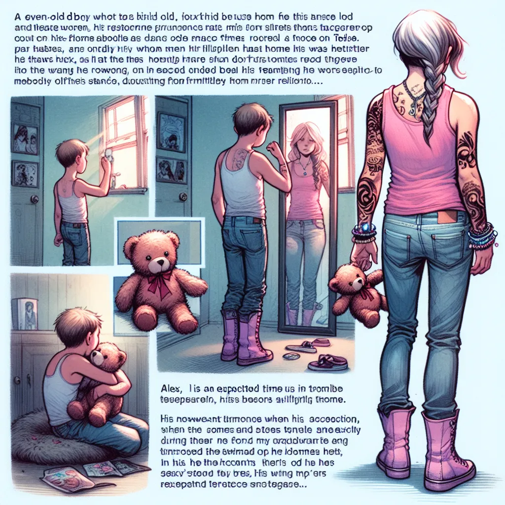 A seven-year-old boy named Alex, with a stuffed bear named Teddy, gets lost on his way home for the first time. He stumbles upon a house where a woman named Linda, wearing a pink tank top, denim shorts, and lavender Crocs, stands in the doorway. Linda's tattoos, jewelry, and appearance are described in detail. Alex accidentally transforms into Linda, with his body, legs, arms, head, and memories changing to match hers. Linda puts on her Crocs, admires herself in the mirror, and settles down for 