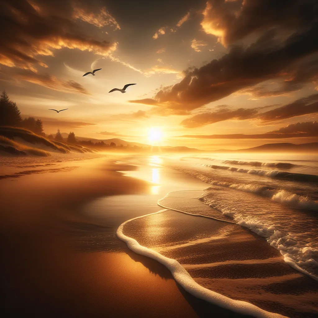 A serene coastal landscape with a golden sunset casting a warm glow over the beach. The gentle waves lapping at the shore, while seagulls gracefully soar through the sky.