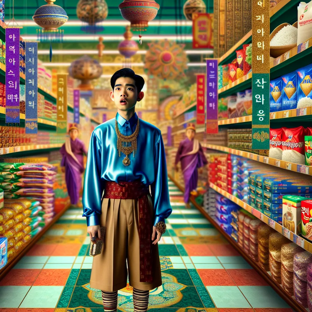 The image will depict a bewildered young boy named Oliver, standing in the midst of a busy grocery store aisle. He is now in the body of a Korean woman, Sun-hee, wearing a silky blue blouse, tan shorts, and towering platform sandals. Oliver's face shows a mix of confusion and fear as he looks down at unfamiliar jewelry adorning his wrists and neck. The background will feature shelves stacked with rice bags and Korean snacks, capturing the surreal moment of his sudden transformation.
