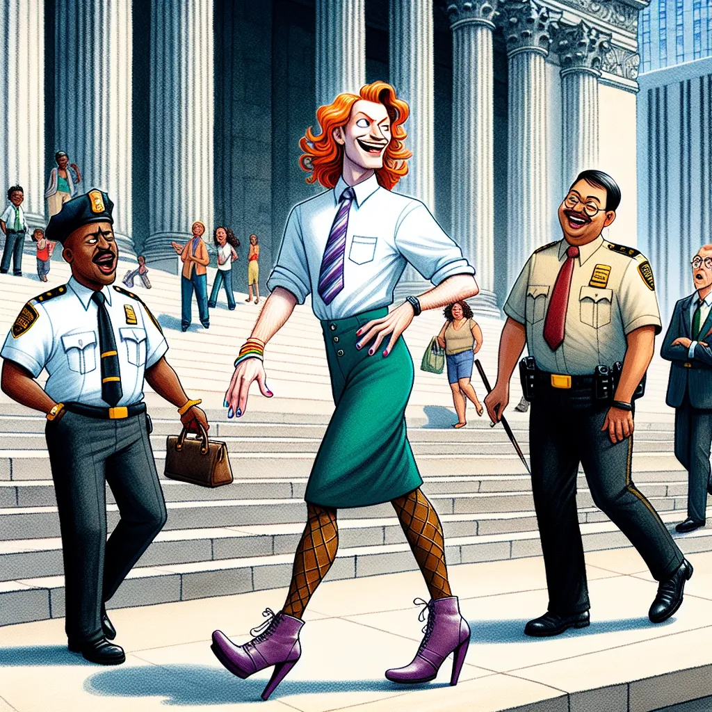 A humorous scene on courthouse steps: a curvy, red-haired Tommy in a borrowed blouse and tight skirt struggles to balance and strut confidently, his exaggerated feminine curves and painted nails contrasting with his tough-guy glare. Beside him, his friend Dave laughs, amused by Tommy’s awkward new walk and transformed appearance. Two security guards watch with confused expressions as Tommy attempts a sultry, yet unsteady, runway strut under bright sunlight.