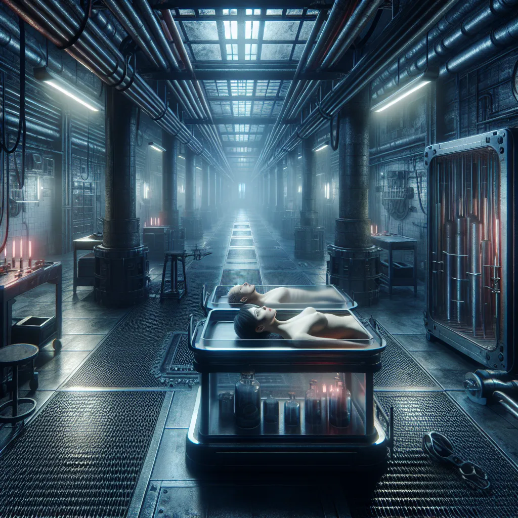 An image that captures the essence of "Twisted Reflection: The Stolen Identity of Misaka Mikoto," a crime novel. The image could feature an abandoned research facility, with dimly lit corridors and complicated machinery. It could show Misaka Mikoto's body lying unconscious in one chamber, while Touma Kamijou's body lies lifeless in another. The image should convey a sense of mystery and suspense, hinting at the dark machinations and body swap that takes place in the story.