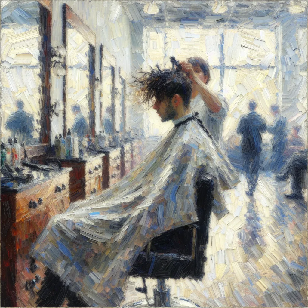 Haircut, Salon, Transform, Italian-American, Identity in the style of Monet
