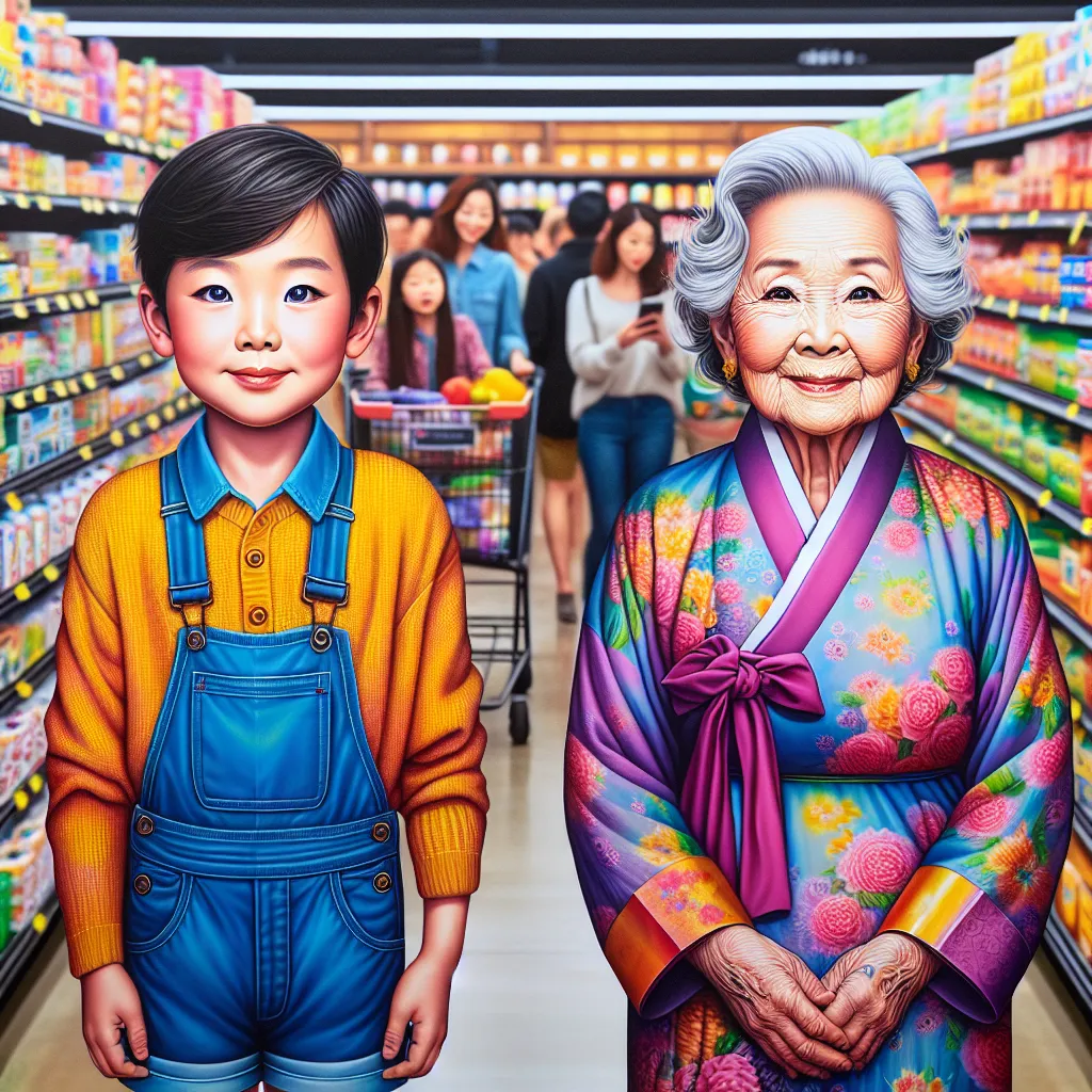 A haunting image of an eight-year-old boy named Caleb John Miller, now transformed into the elderly Korean woman Park Soo-Ja, standing in a grocery store aisle, surrounded by vibrant Asian grocery shoppers. Caleb's youthful features and colorful clothes starkly contrast with the mature appearance and elegant attire of Soo-Ja, capturing the poignant moment of his unexpected transformation and the world he now navigates.