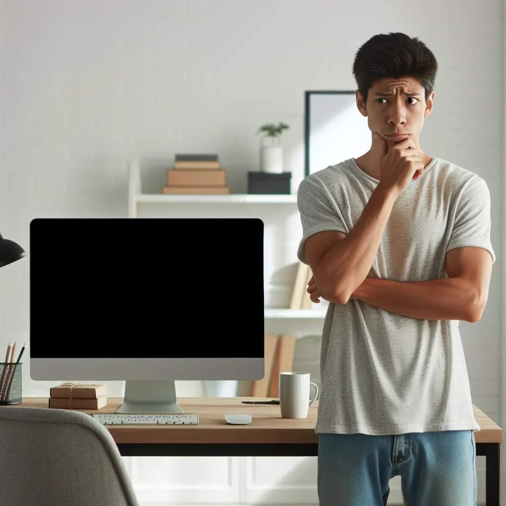 A disappointed person standing in front of a blank computer screen with a thoughtful expression.