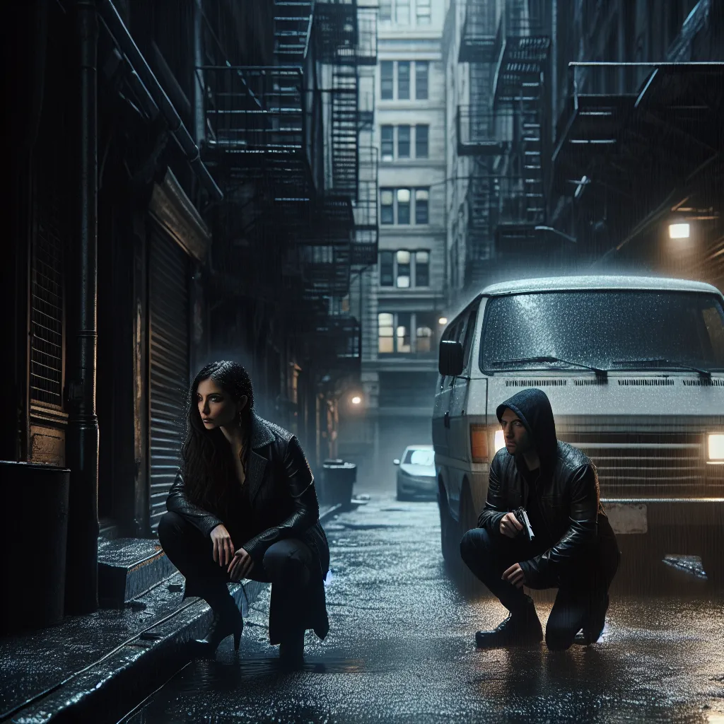 A mysterious figure crouches on a rain-drenched rooftop overlooking a dark alley where a white van is parked below. Beside her, a battered white van is parked, and a man in a leather jacket crouches beside her. His friend Gambit helps her navigate the shadows of the city streets as they evade unseen dangers, dodging pursuers and finding refuge in the night.